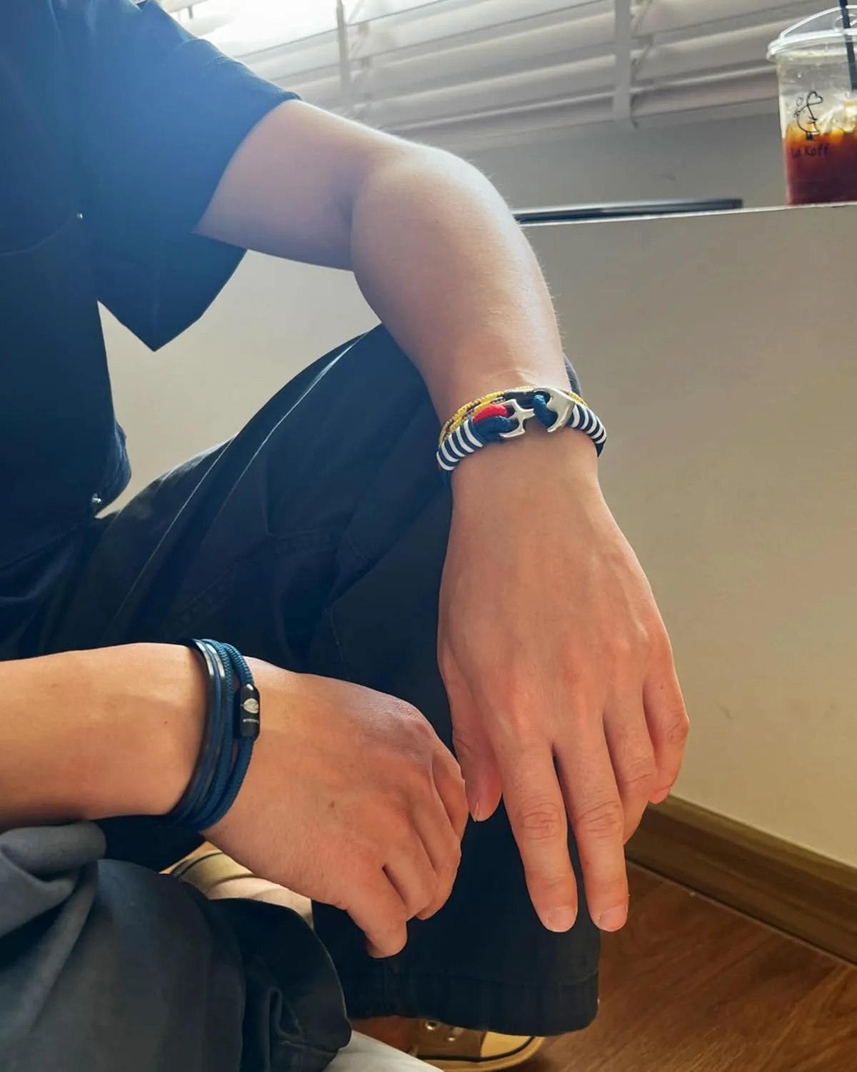 Men's Nautical Anchor Cuff Bracelet, Handmade Black & Blue Stainless Steel Rope Wristband with Lobster Claw Clasp