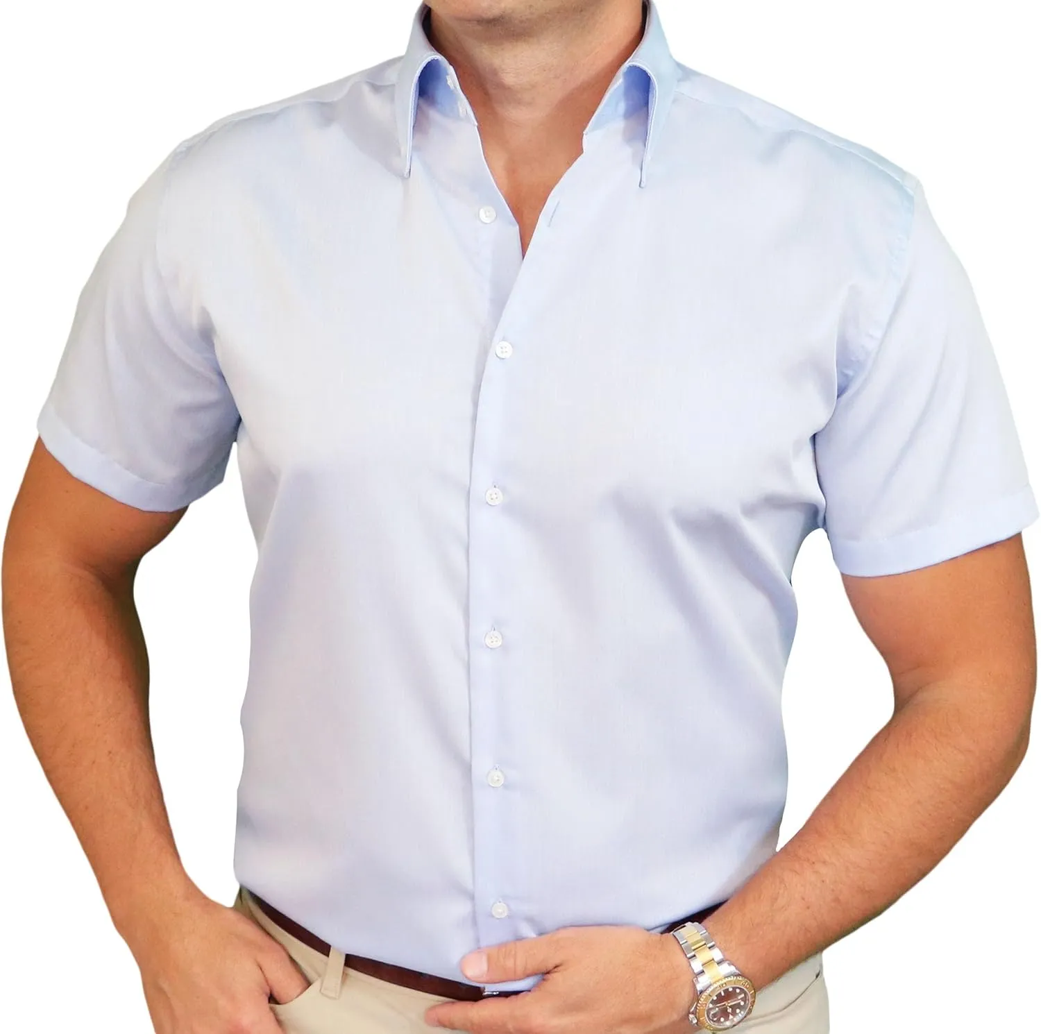 Men's Premium Button-Down Short-Sleeve Blue Dress Shirt with Firm Standout Luxury Collar, Wrinkle-Resistant