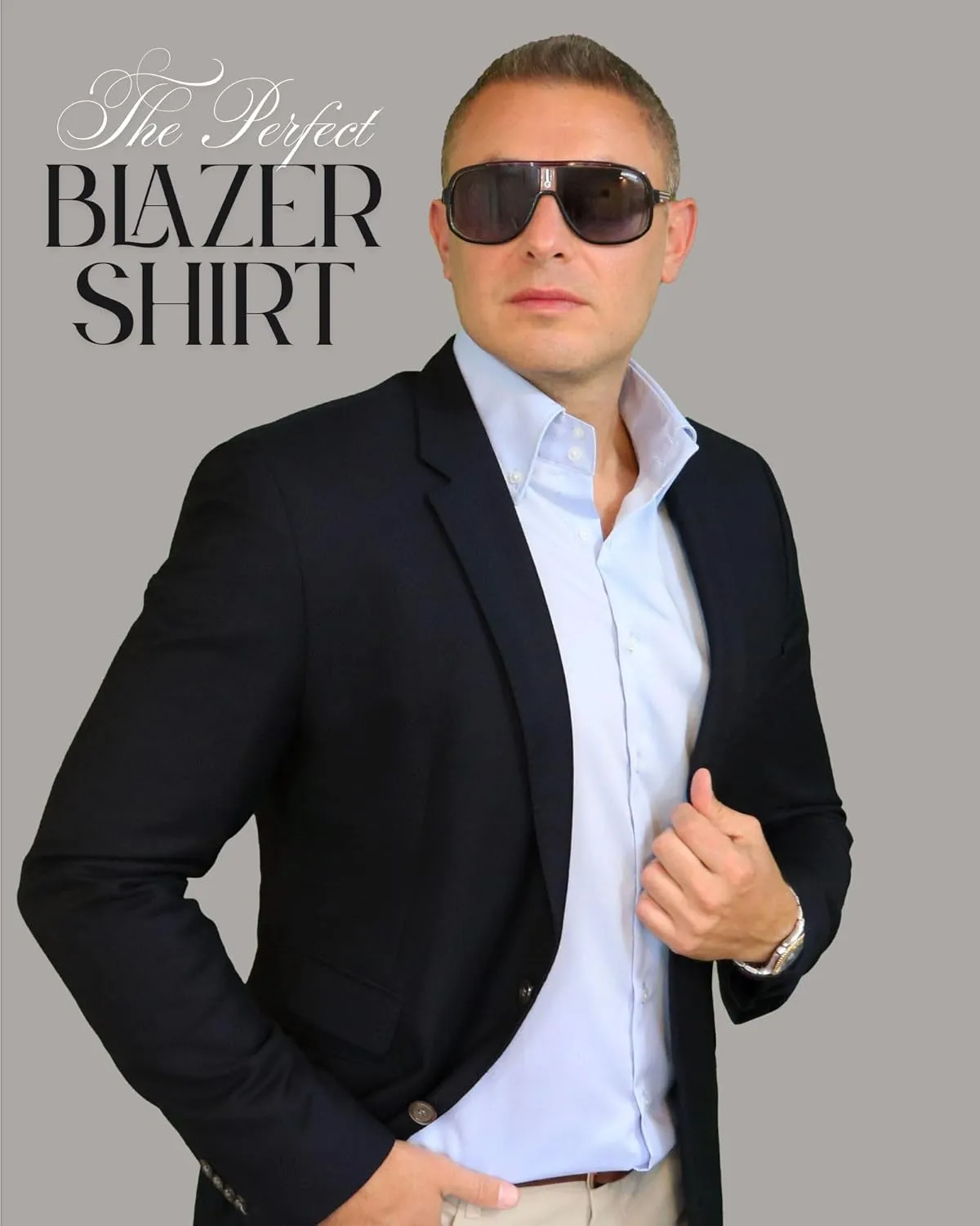 Men's Premium Button-Down Short-Sleeve Blue Dress Shirt with Firm Standout Luxury Collar, Wrinkle-Resistant