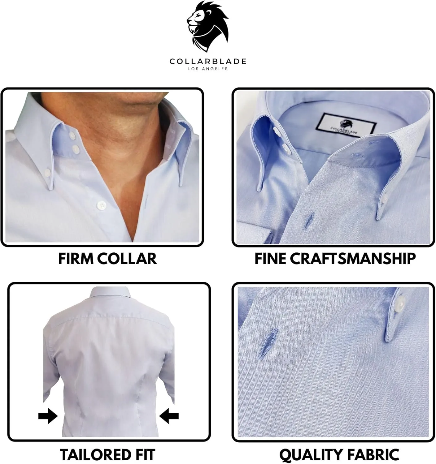 Men's Premium Button-Down Short-Sleeve Blue Dress Shirt with Firm Standout Luxury Collar, Wrinkle-Resistant