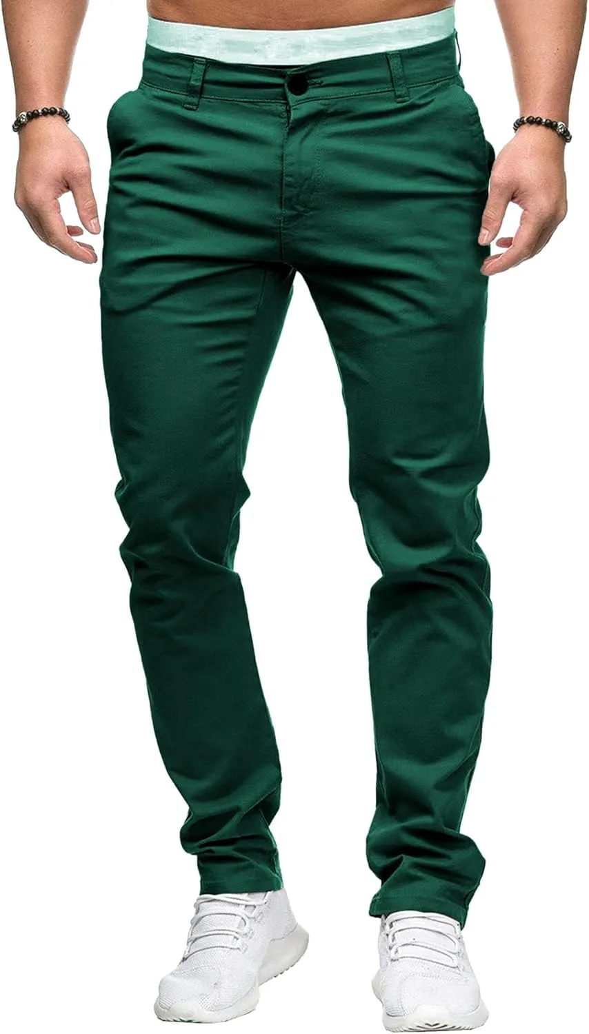 Men's Slim Fit Chino Pants Skinny Slacks Tapered Trousers Solid Color Wrinkle-Resistant Flat-Front Pant