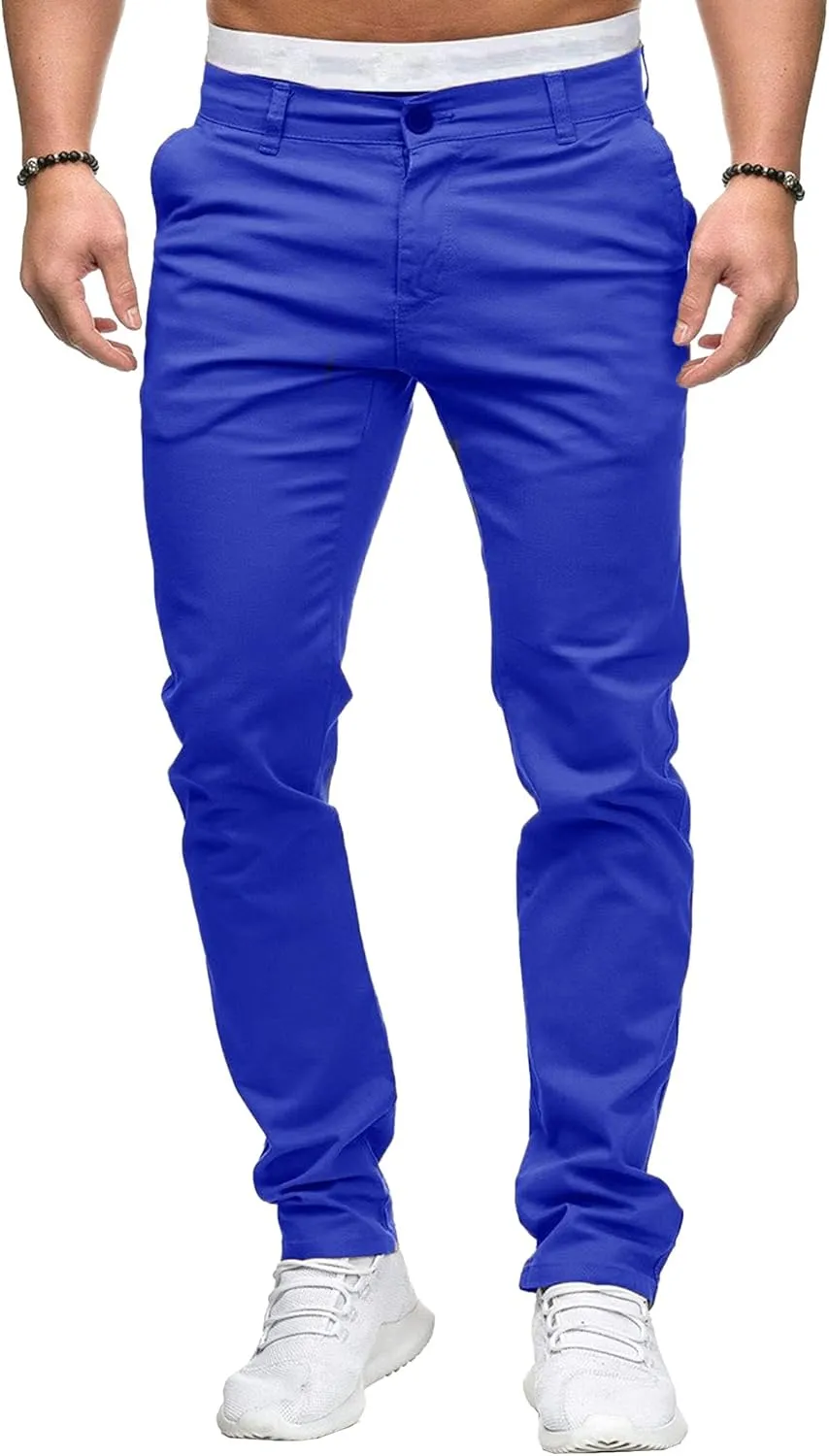 Men's Slim Fit Chino Pants Skinny Slacks Tapered Trousers Solid Color Wrinkle-Resistant Flat-Front Pant