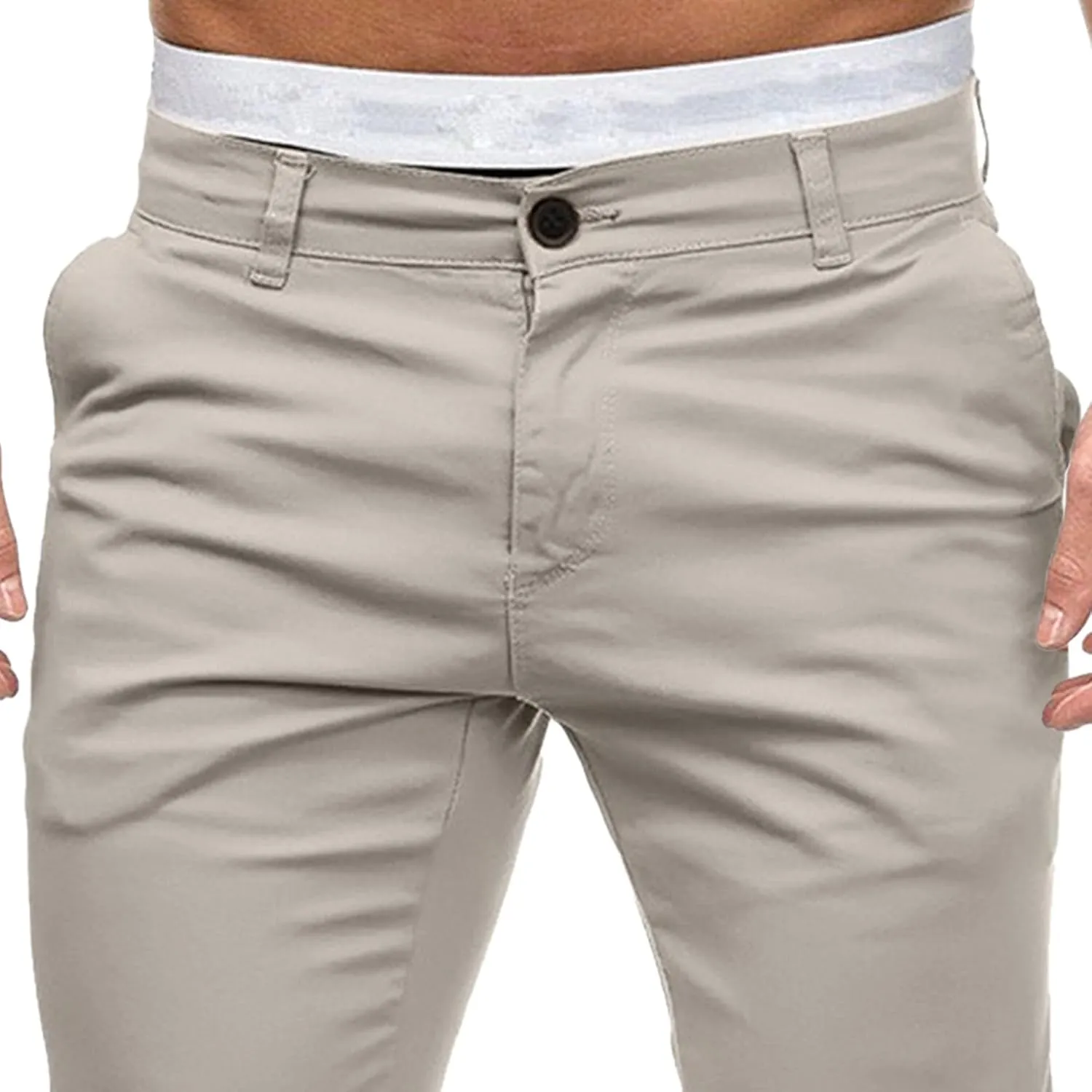 Men's Slim Fit Chino Pants Skinny Slacks Tapered Trousers Solid Color Wrinkle-Resistant Flat-Front Pant