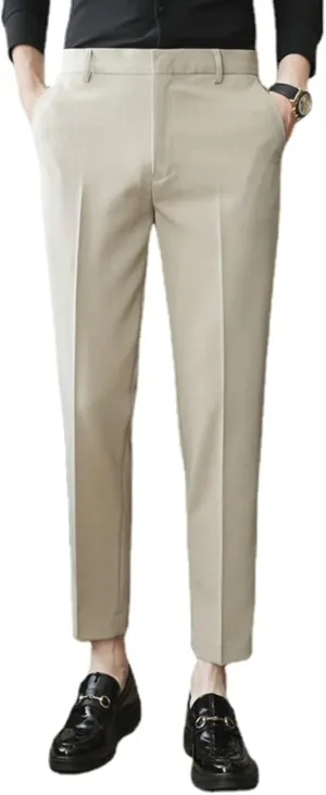 Men's Solid Color Slim Fit Flat Front Dress Pants, Formal Trousers Business Suit Pants Tapered Chino Pants