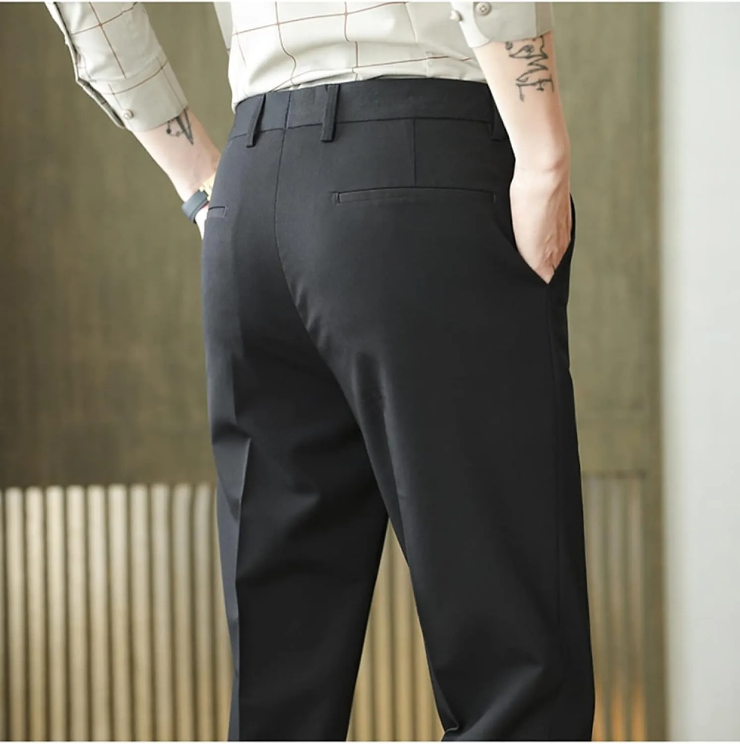 Men's Solid Color Slim Fit Flat Front Dress Pants, Formal Trousers Business Suit Pants Tapered Chino Pants