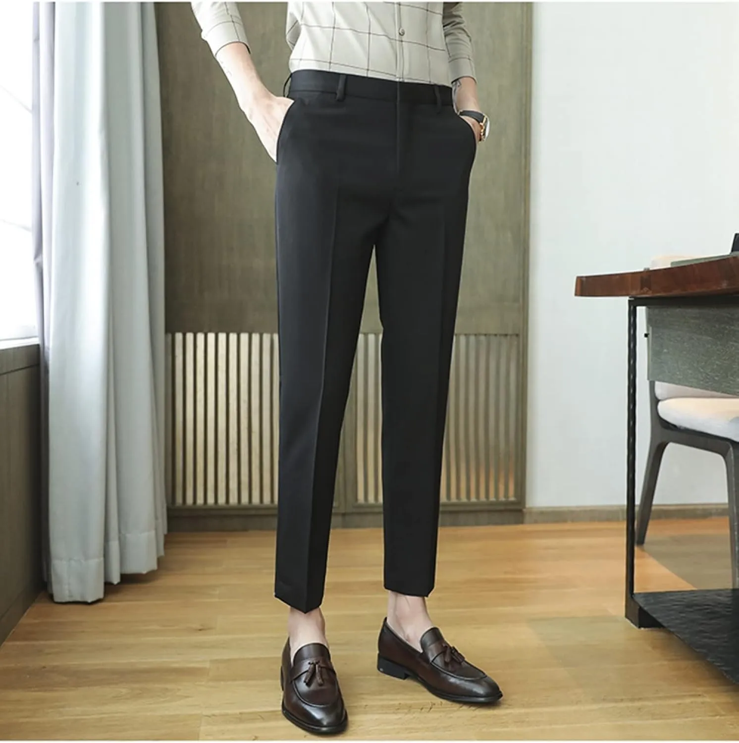 Men's Solid Color Slim Fit Flat Front Dress Pants, Formal Trousers Business Suit Pants Tapered Chino Pants