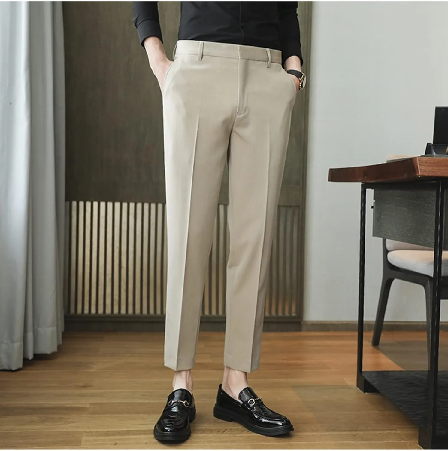 Men's Solid Color Slim Fit Flat Front Dress Pants, Formal Trousers Business Suit Pants Tapered Chino Pants