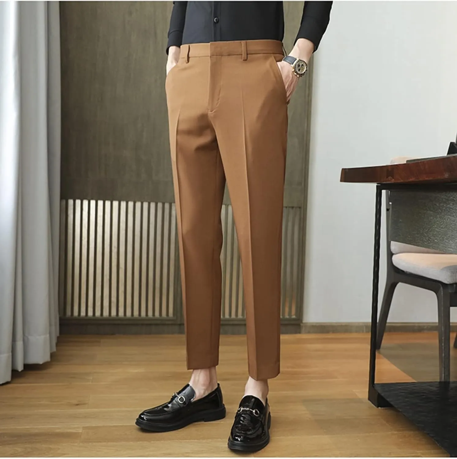Men's Solid Color Slim Fit Flat Front Dress Pants, Formal Trousers Business Suit Pants Tapered Chino Pants
