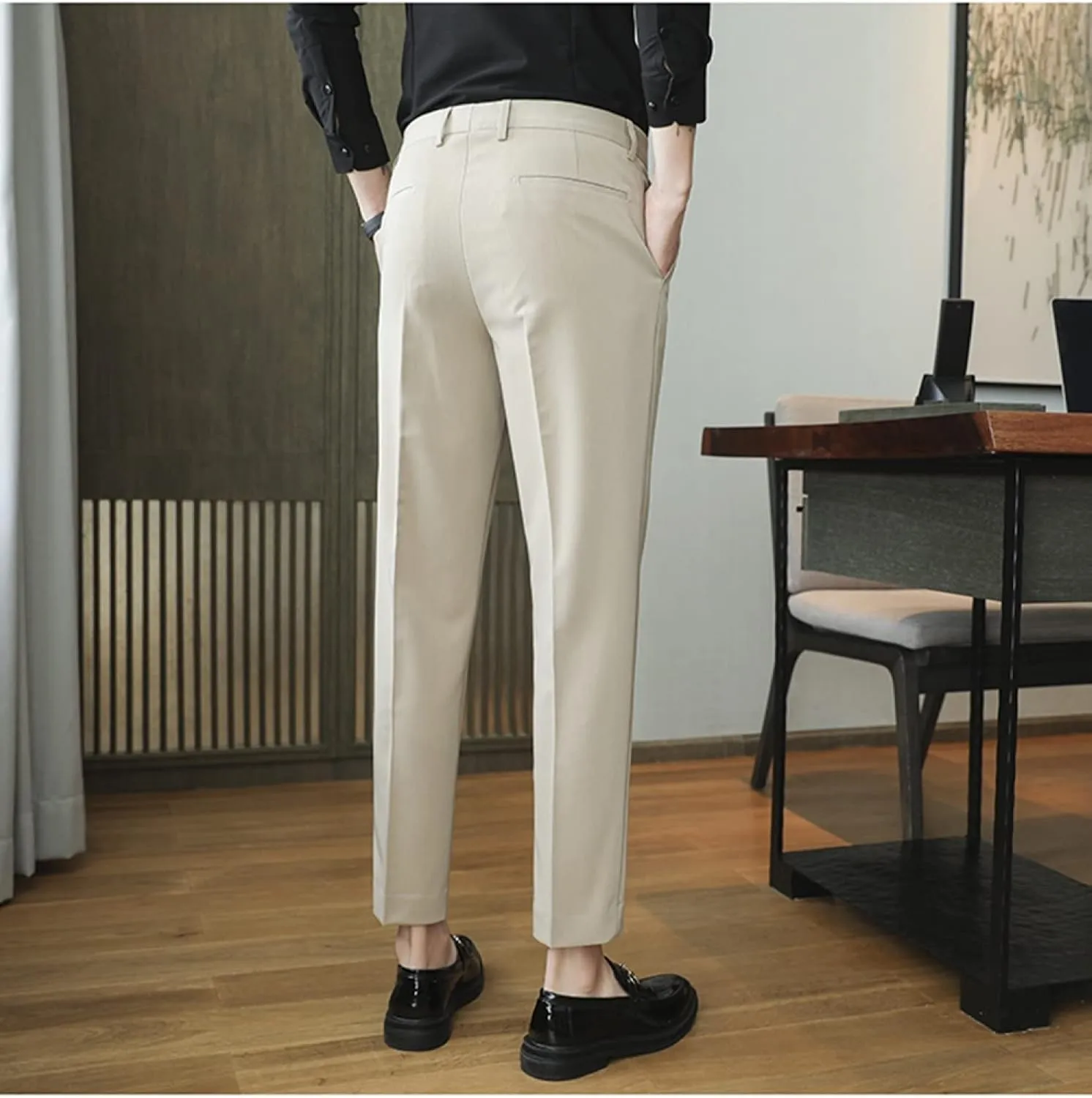 Men's Solid Color Slim Fit Flat Front Dress Pants, Formal Trousers Business Suit Pants Tapered Chino Pants