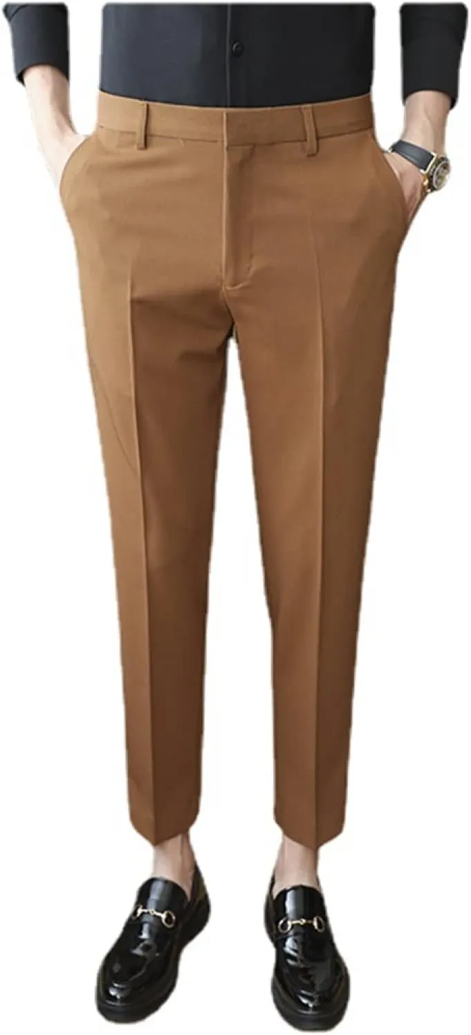 Men's Solid Color Slim Fit Flat Front Dress Pants, Formal Trousers Business Suit Pants Tapered Chino Pants