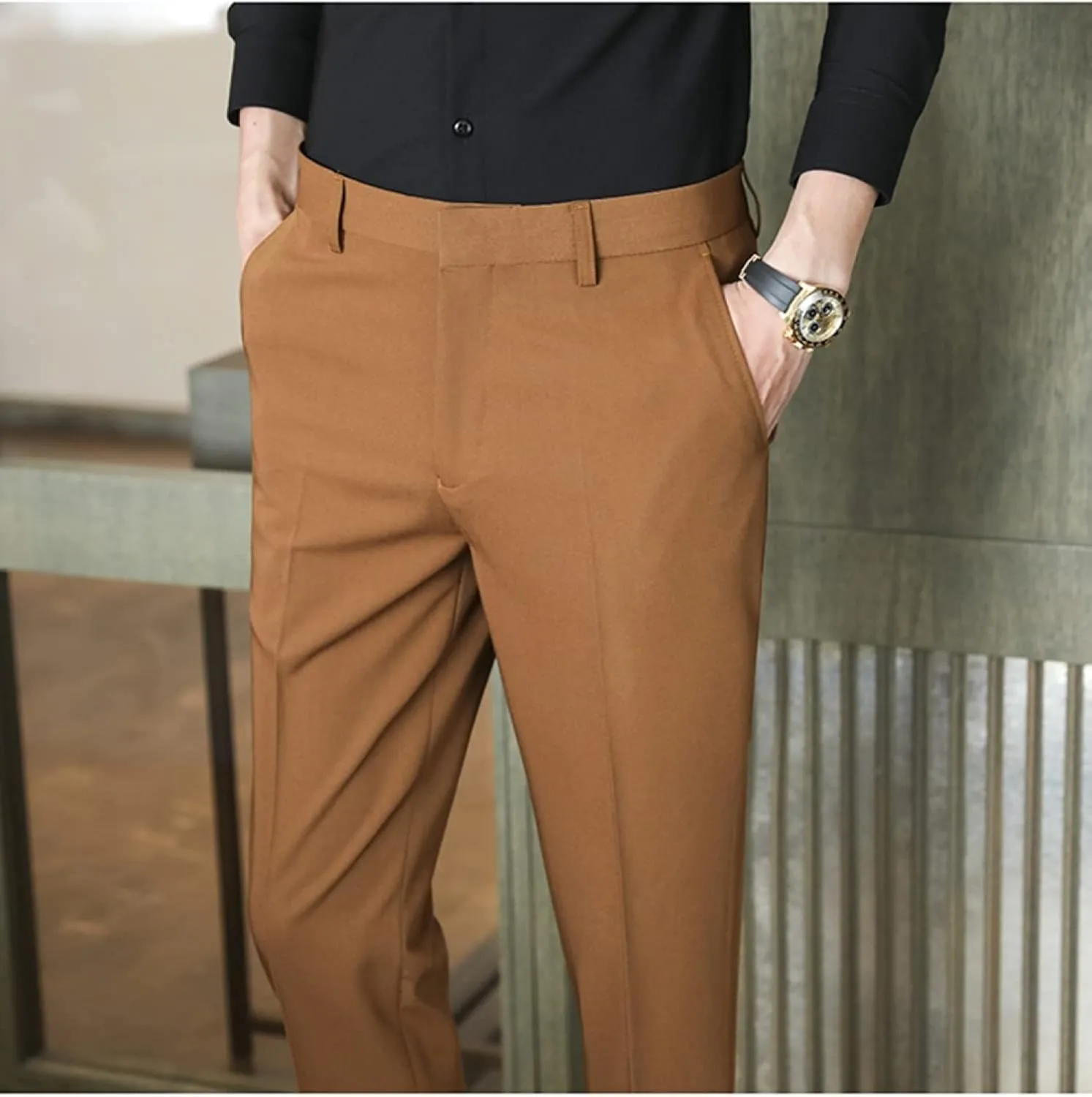 Men's Solid Color Slim Fit Flat Front Dress Pants, Formal Trousers Business Suit Pants Tapered Chino Pants