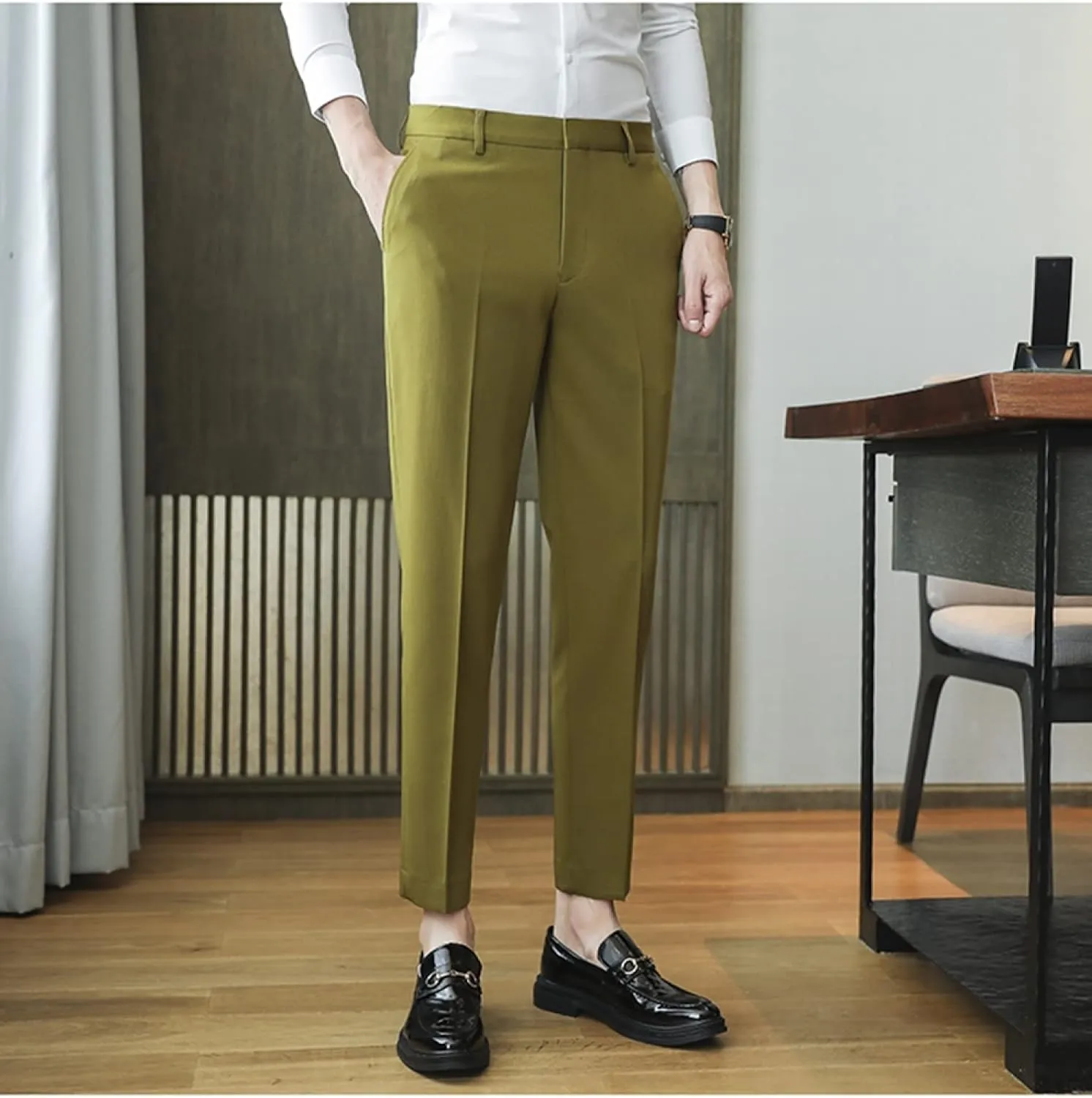 Men's Solid Color Slim Fit Flat Front Dress Pants, Formal Trousers Business Suit Pants Tapered Chino Pants