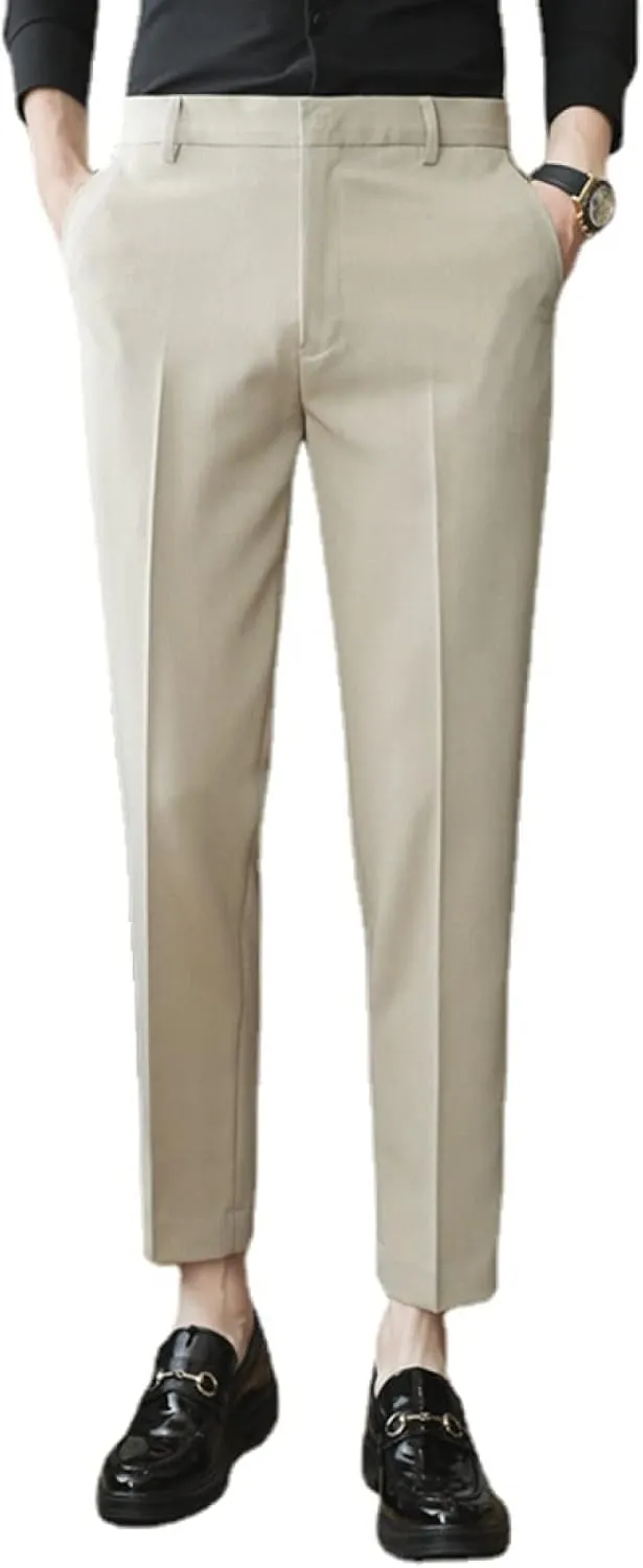 Men's Solid Color Slim Fit Flat Front Dress Pants, Formal Trousers Business Suit Pants Tapered Chino Pants