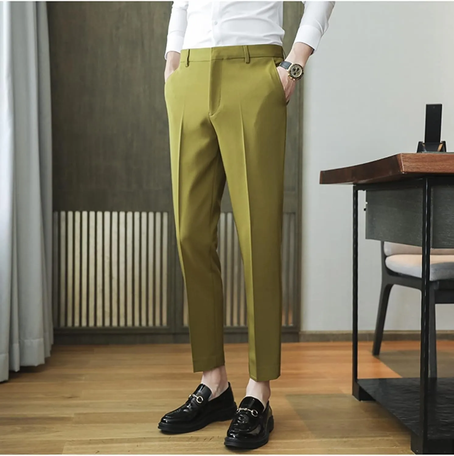 Men's Solid Color Slim Fit Flat Front Dress Pants, Formal Trousers Business Suit Pants Tapered Chino Pants