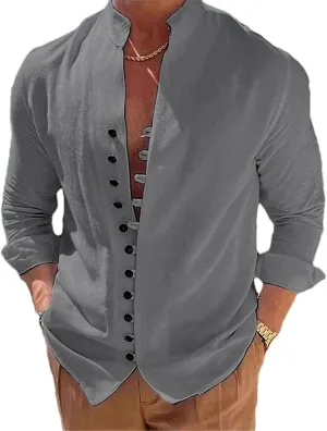 Men's Summer Casual Cotton Linen Long Sleeve Shirts Stand-Up Collar Single Breasted Slim Shirts Tops Camisas Male