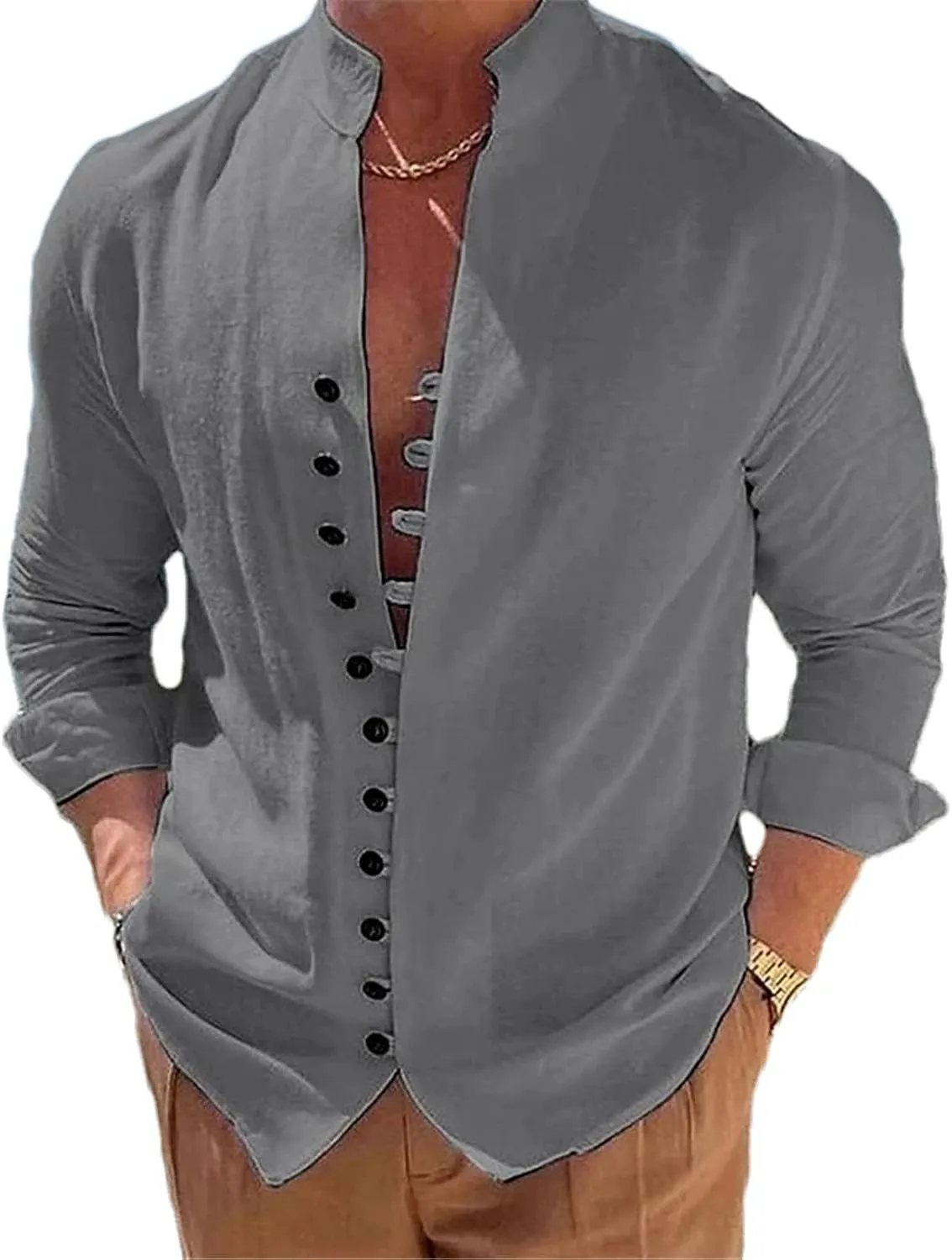 Men's Summer Casual Cotton Linen Long Sleeve Shirts Stand-Up Collar Single Breasted Slim Shirts Tops Camisas Male