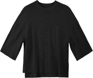 Men's Three Quarters Sleeve Shirt Solid Color Crew Neck Button Down Linen Cotton Top Pocket Breathable Summer Resort Tee