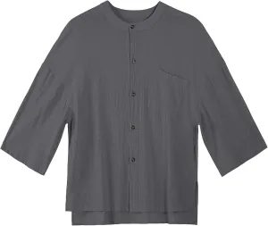 Men's Three Quarters Sleeve Shirt Solid Color Crew Neck Button Down Linen Cotton Top Pocket Breathable Summer Resort Tee
