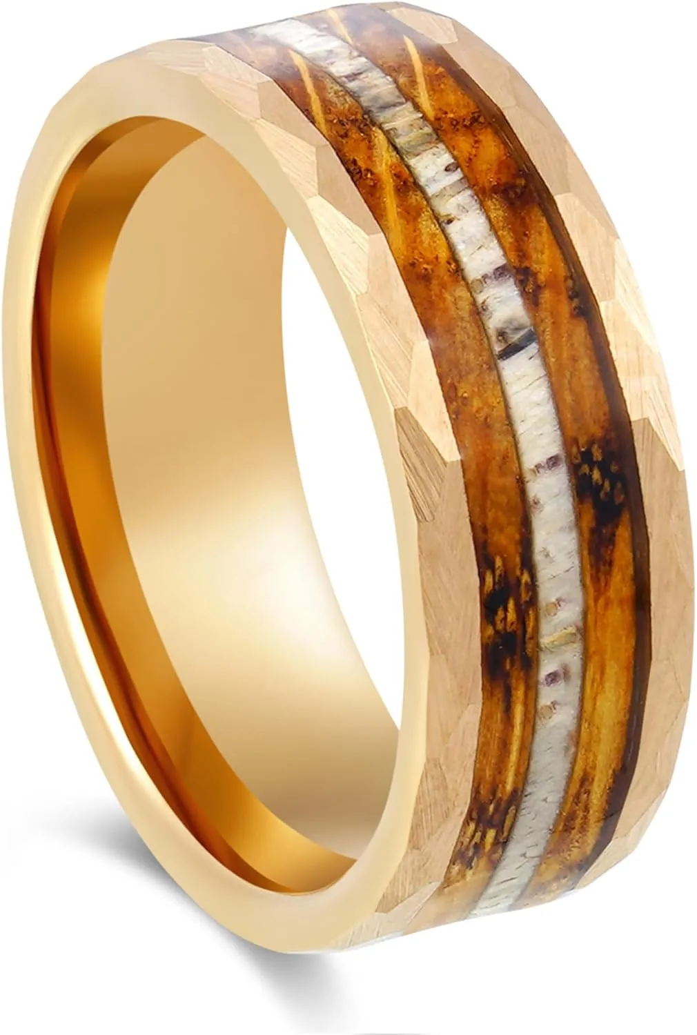 Men's Wedding Ring 8mm Rose Gold Hammered Tungsten Antler & Charred Whiskey Barrel Wood Inlay  Comfort Fit Mens Wedding Band with Antique Wooden Ring Box