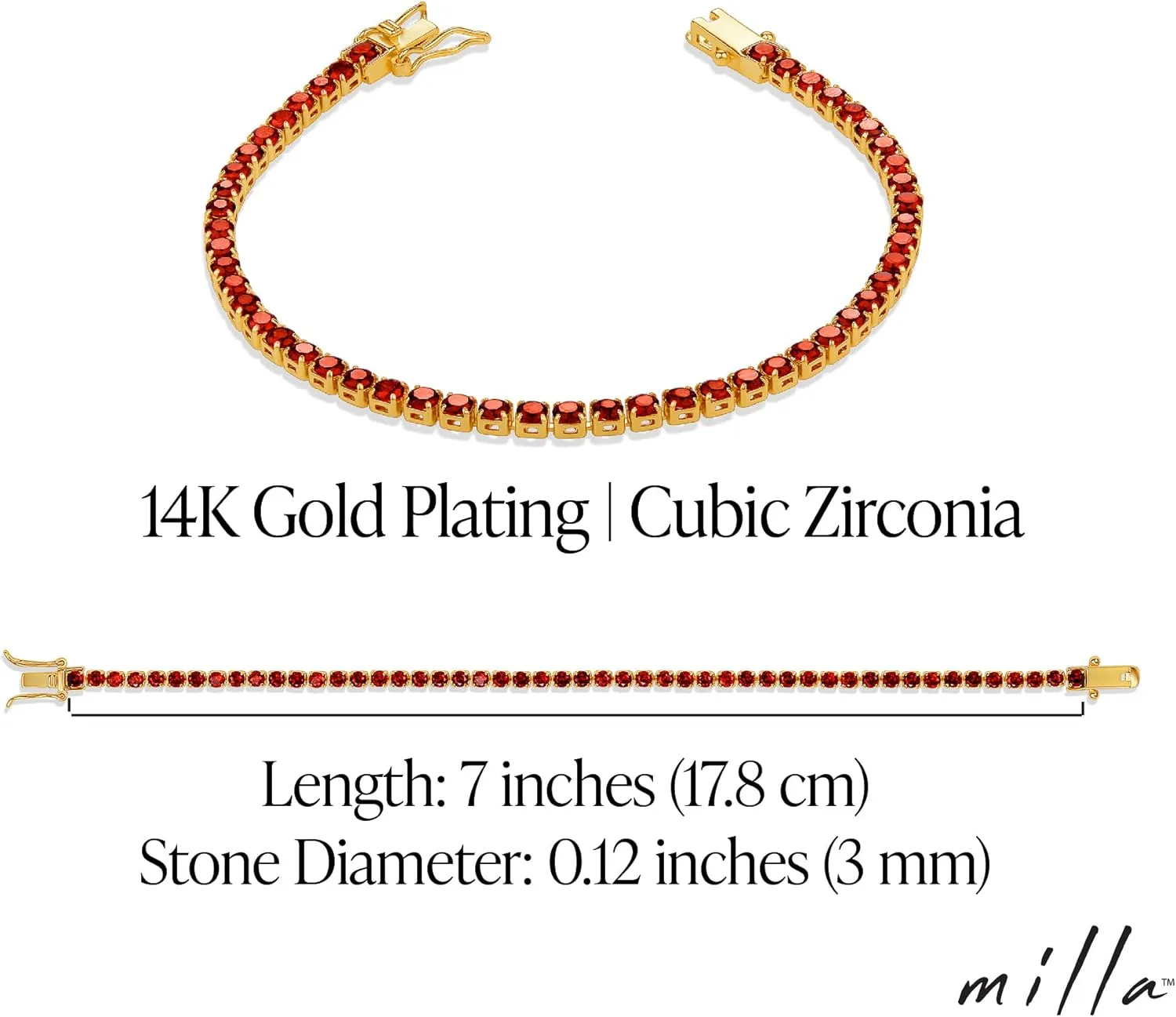 Milla 14K Gold Plated Cubic Zirconia Classic Tennis Bracelet - Gold Bracelets for Women - Purple Bracelets, Green Bracelets, Red Bracelets for Women & More - Size 7 Inch