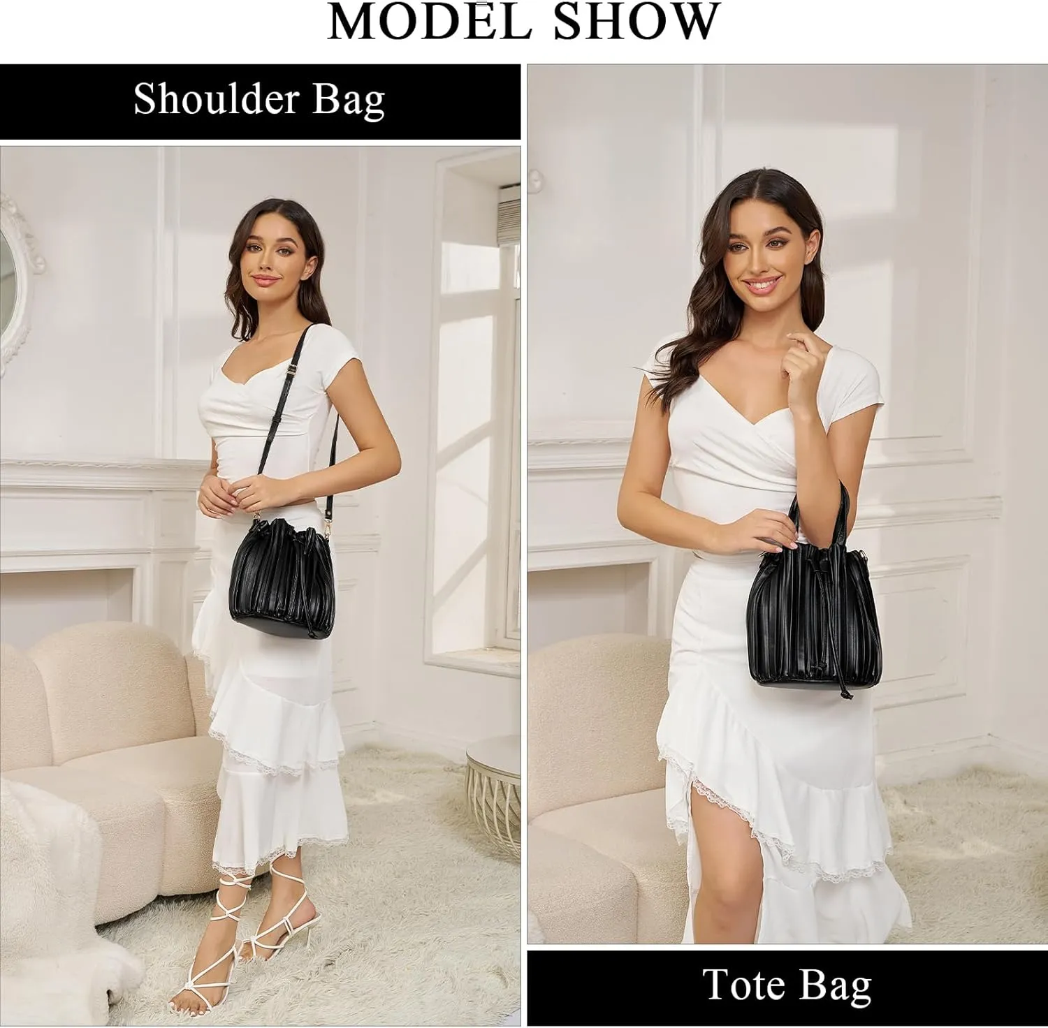 Mini Faux Leather Bucket Bags for Women Drawstring Crossbody Bucket Bag Purses Pleated Shoulder Handbags
