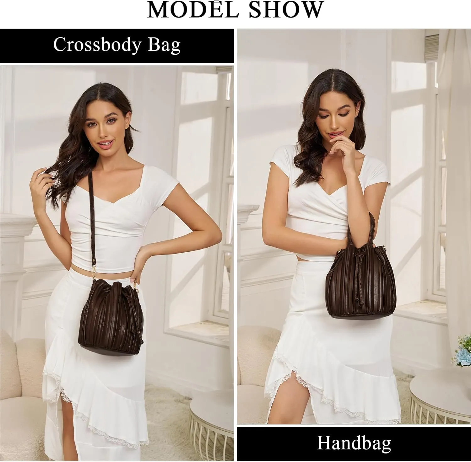 Mini Faux Leather Bucket Bags for Women Drawstring Crossbody Bucket Bag Purses Pleated Shoulder Handbags