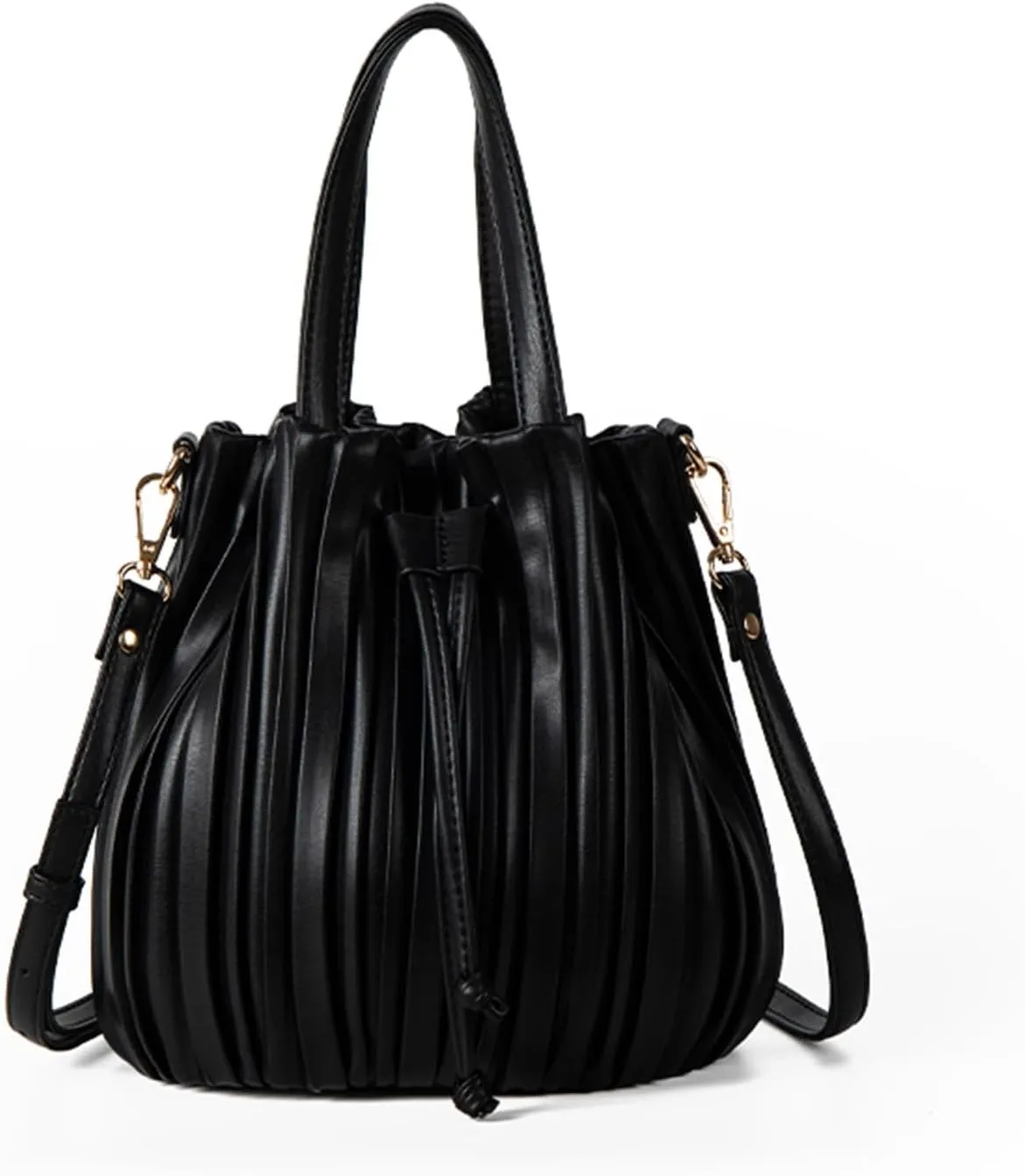 Mini Faux Leather Bucket Bags for Women Drawstring Crossbody Bucket Bag Purses Pleated Shoulder Handbags