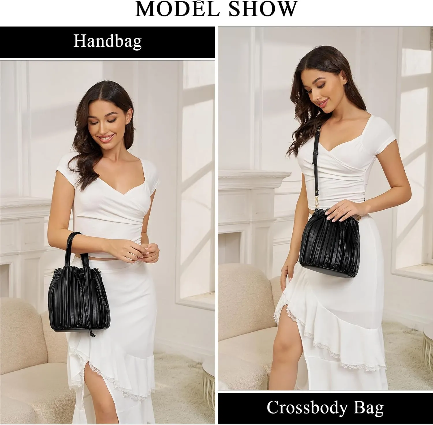 Mini Faux Leather Bucket Bags for Women Drawstring Crossbody Bucket Bag Purses Pleated Shoulder Handbags