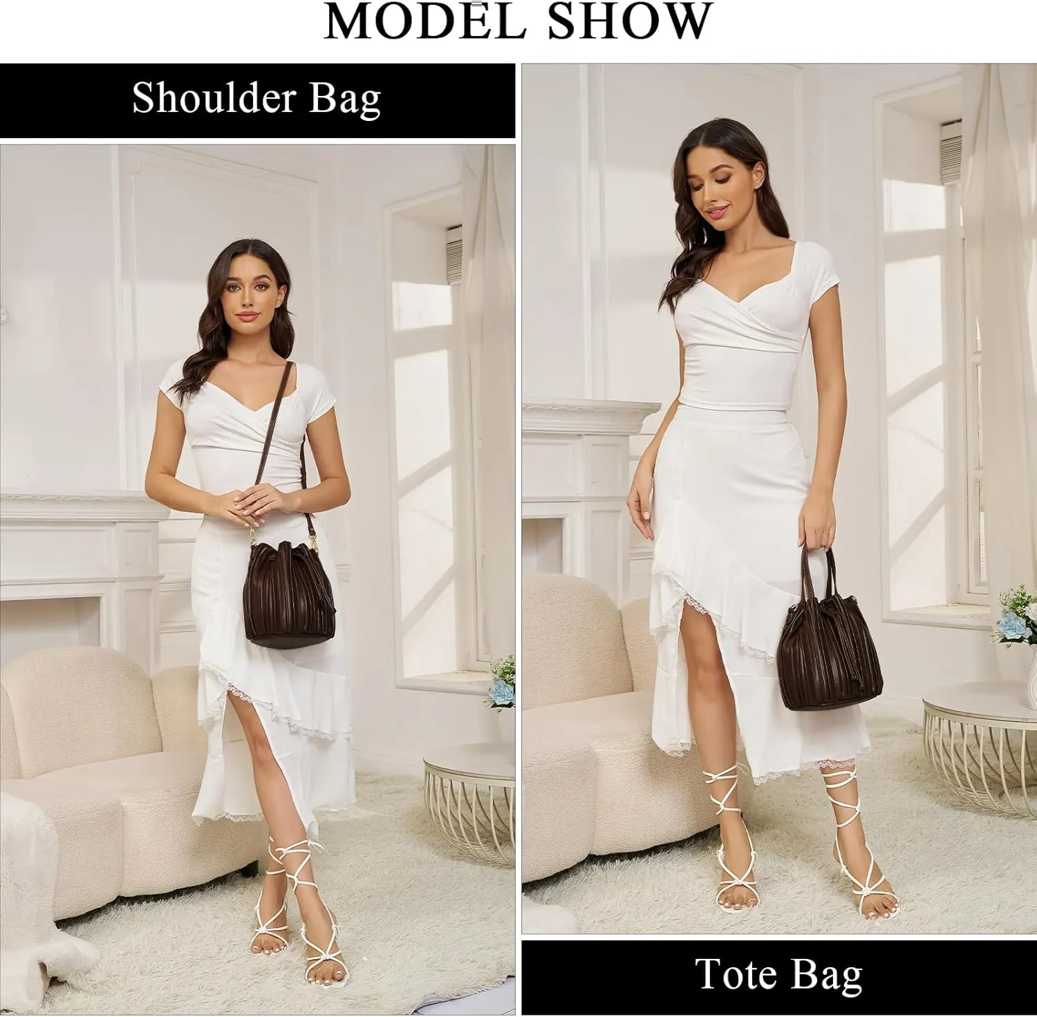 Mini Faux Leather Bucket Bags for Women Drawstring Crossbody Bucket Bag Purses Pleated Shoulder Handbags