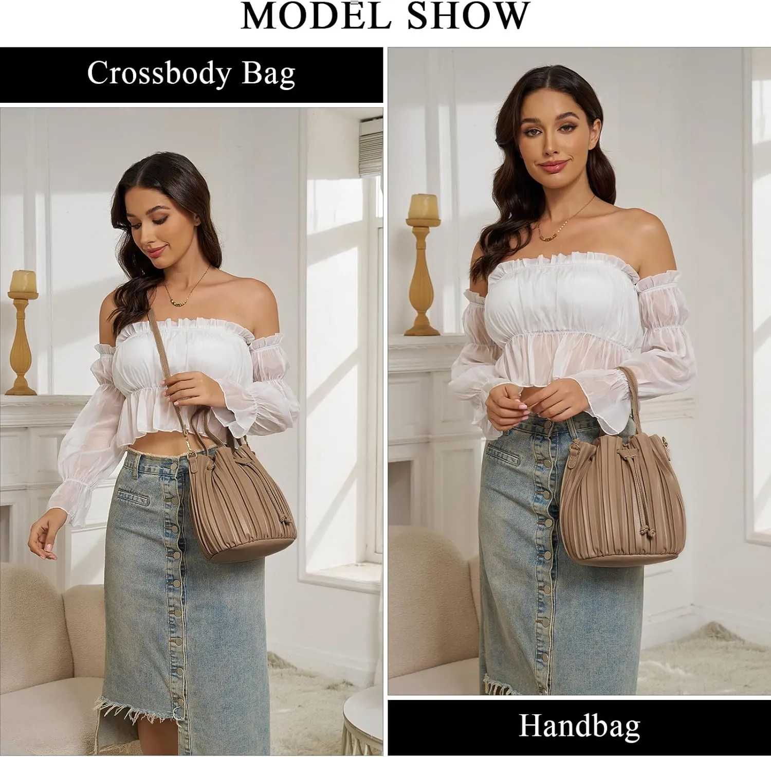 Mini Faux Leather Bucket Bags for Women Drawstring Crossbody Bucket Bag Purses Pleated Shoulder Handbags
