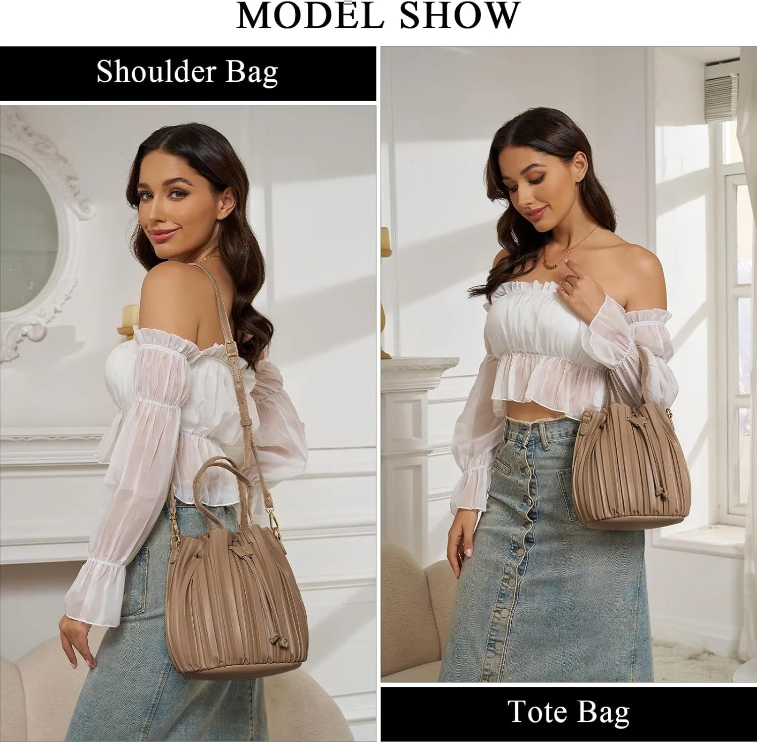 Mini Faux Leather Bucket Bags for Women Drawstring Crossbody Bucket Bag Purses Pleated Shoulder Handbags