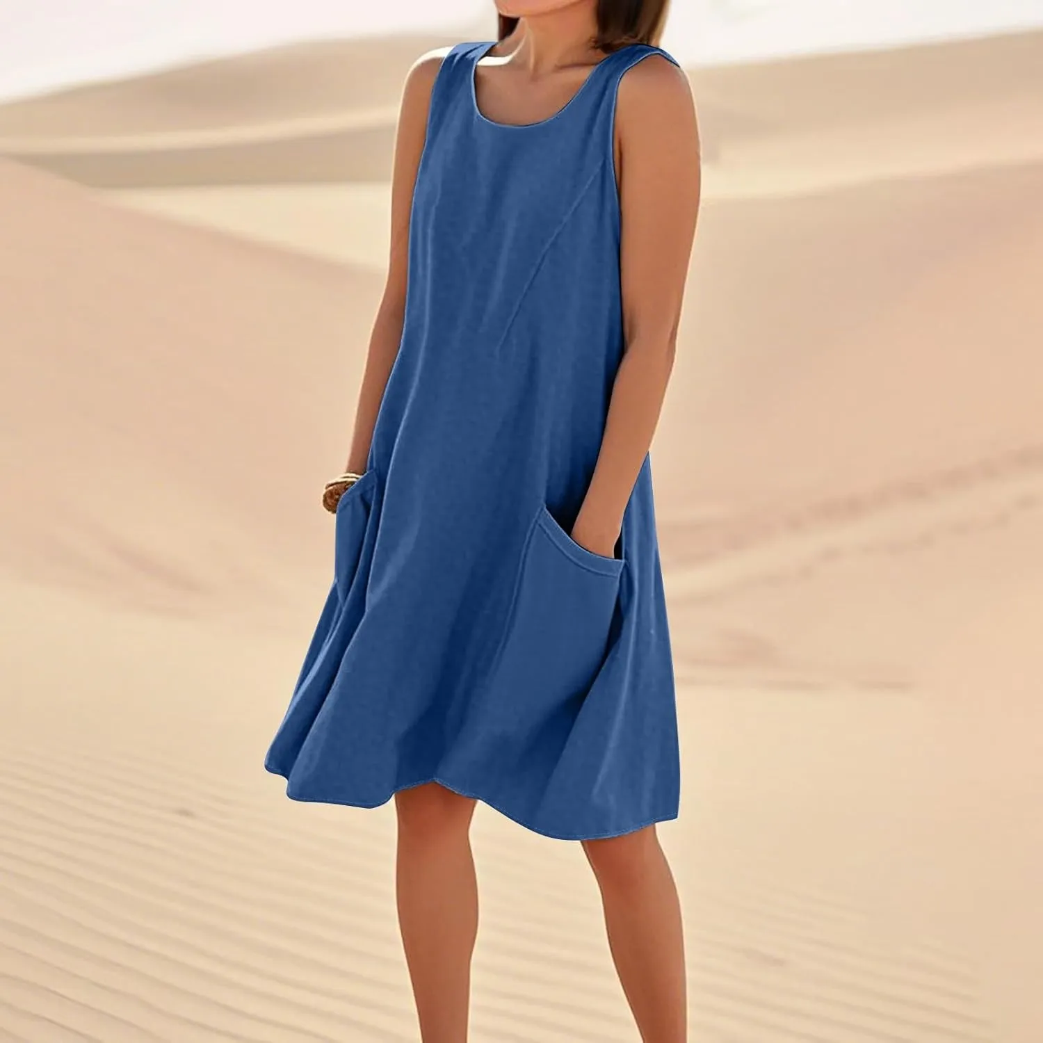 Mini Linen Dresses for Women 2025 Summer Sundress Sleeveless Elegant Flowy Plus Size Loose Tank Dress with Pockets