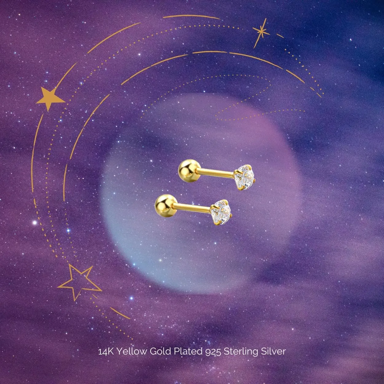 Mini Spark 14K Gold Plated Nap Earrings 925 Sterling Silver One CZ Stone Screw Ball Back Hypoallergenic Studs Everyday Cartilage Helix Celestial Tiny Second Earlobe Piercing Jewelry Unisex 3MM