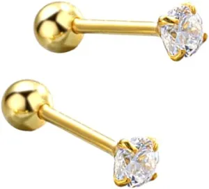 Mini Spark 14K Gold Plated Nap Earrings 925 Sterling Silver One CZ Stone Screw Ball Back Hypoallergenic Studs Everyday Cartilage Helix Celestial Tiny Second Earlobe Piercing Jewelry Unisex 3MM