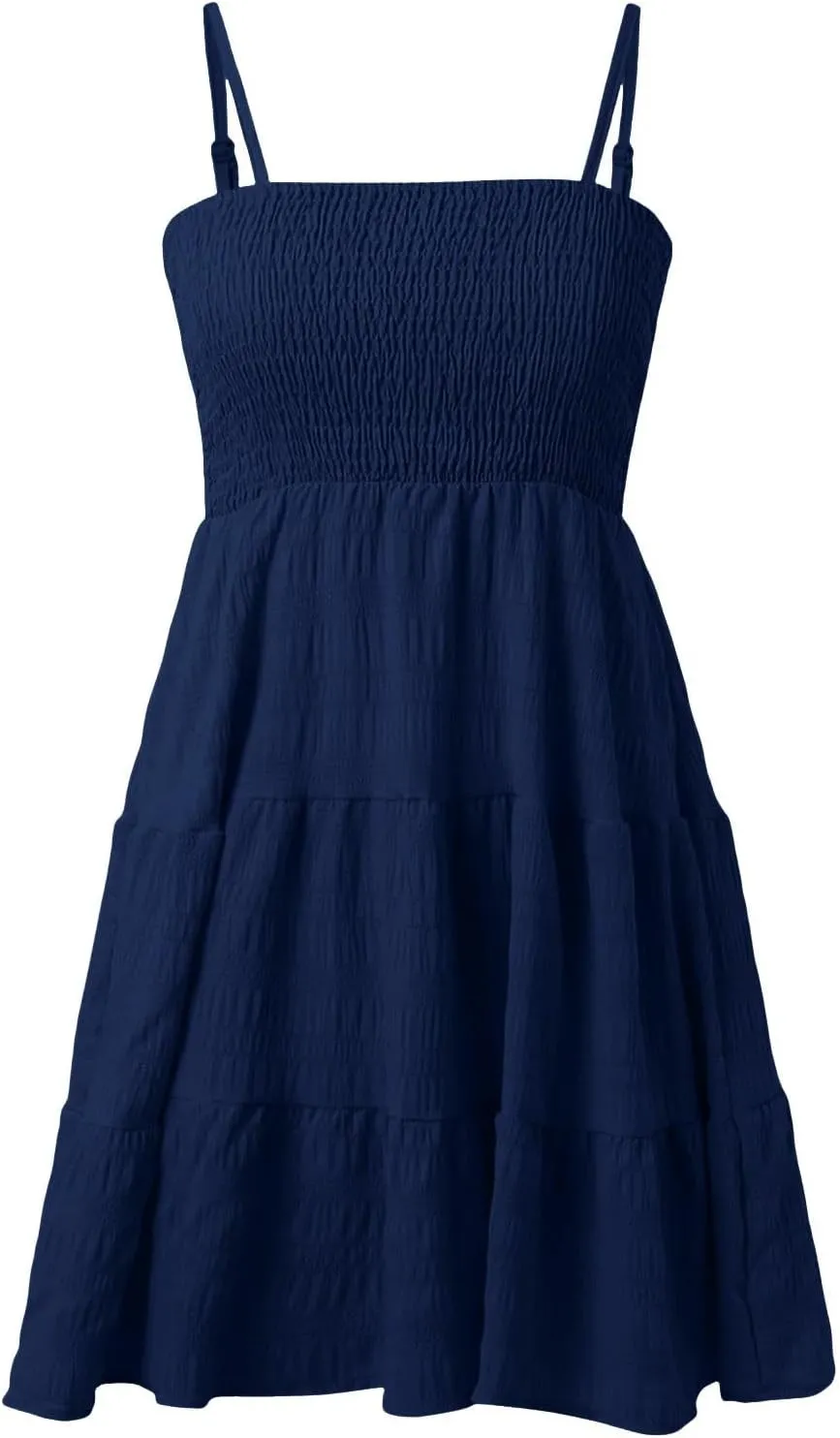 Mini Sundressses for Women 2025 Vcation Square Neck Cami Ruffle Smocked Dresses Adjustable Elastic Cute Babydoll Dresses