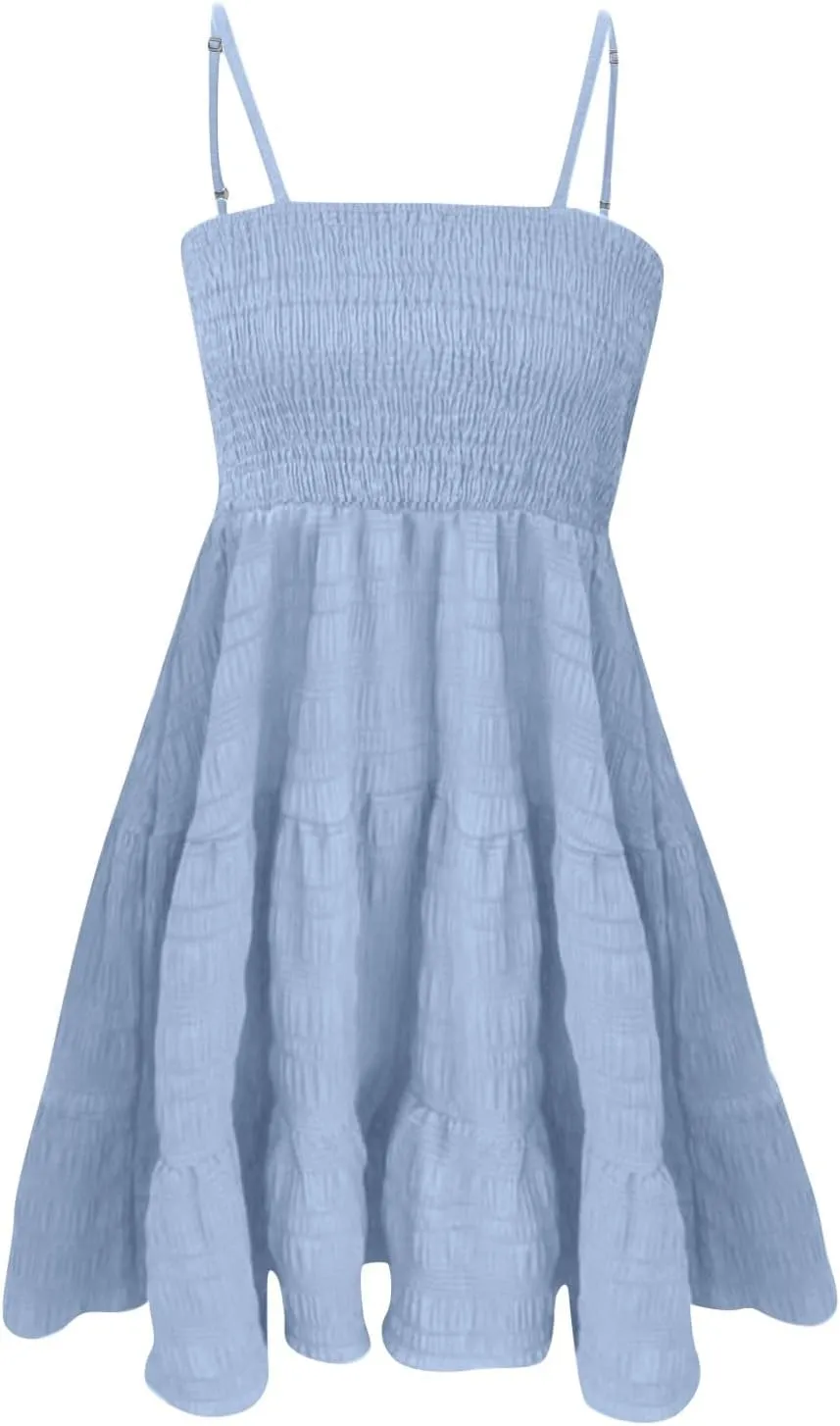 Mini Sundressses for Women 2025 Vcation Square Neck Cami Ruffle Smocked Dresses Adjustable Elastic Cute Babydoll Dresses