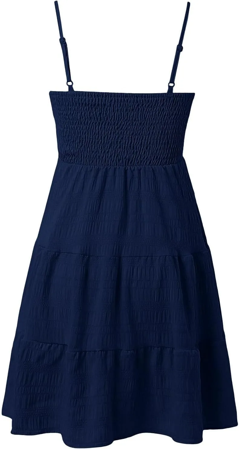 Mini Sundressses for Women 2025 Vcation Square Neck Cami Ruffle Smocked Dresses Adjustable Elastic Cute Babydoll Dresses