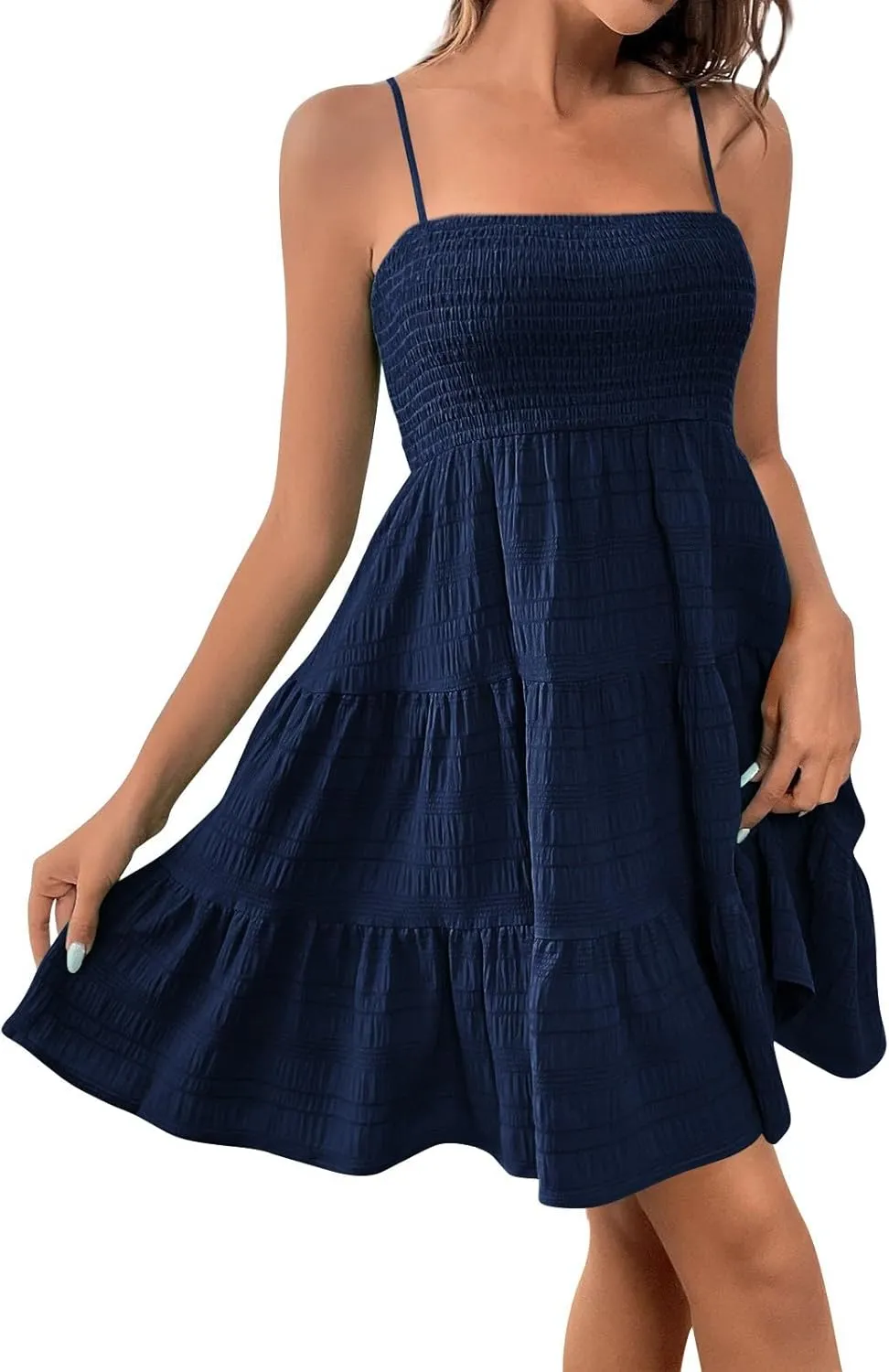 Mini Sundressses for Women 2025 Vcation Square Neck Cami Ruffle Smocked Dresses Adjustable Elastic Cute Babydoll Dresses