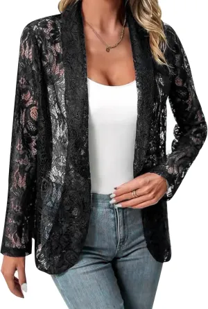 MINTLIMIT Women's Lace Blazer Open Front Button Down Sheer Mesh Blazer Elegant 3/4 Sleeve Casual Blazers Jacket