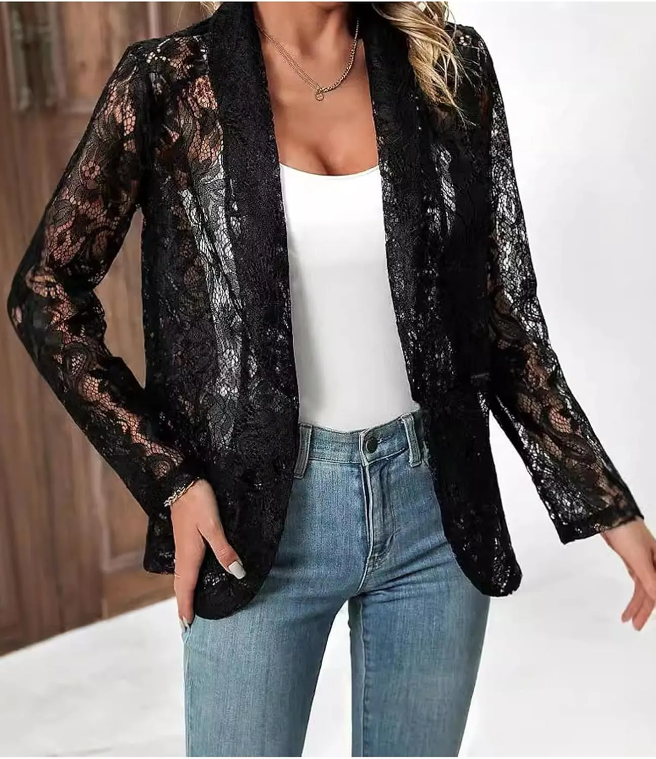 MINTLIMIT Women's Lace Blazer Open Front Button Down Sheer Mesh Blazer Elegant 3/4 Sleeve Casual Blazers Jacket