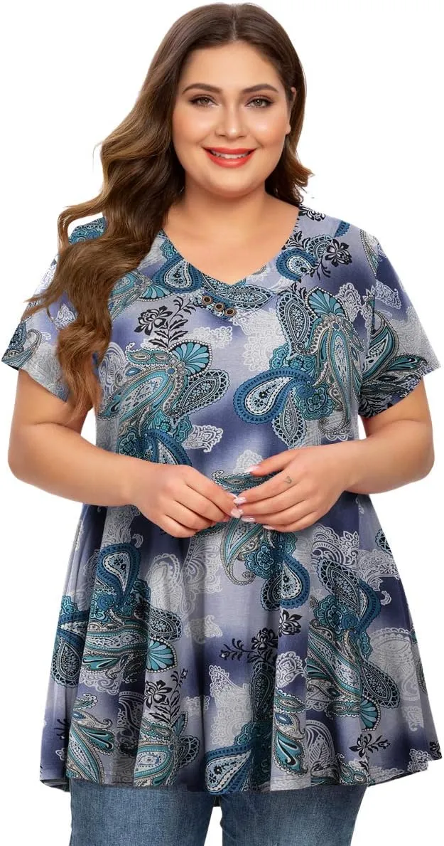 MONNURO Womens Plus Size Short Sleeve V Neck Button Basic Tunic Tops Summer Swing Shirts Blouses for Leggings