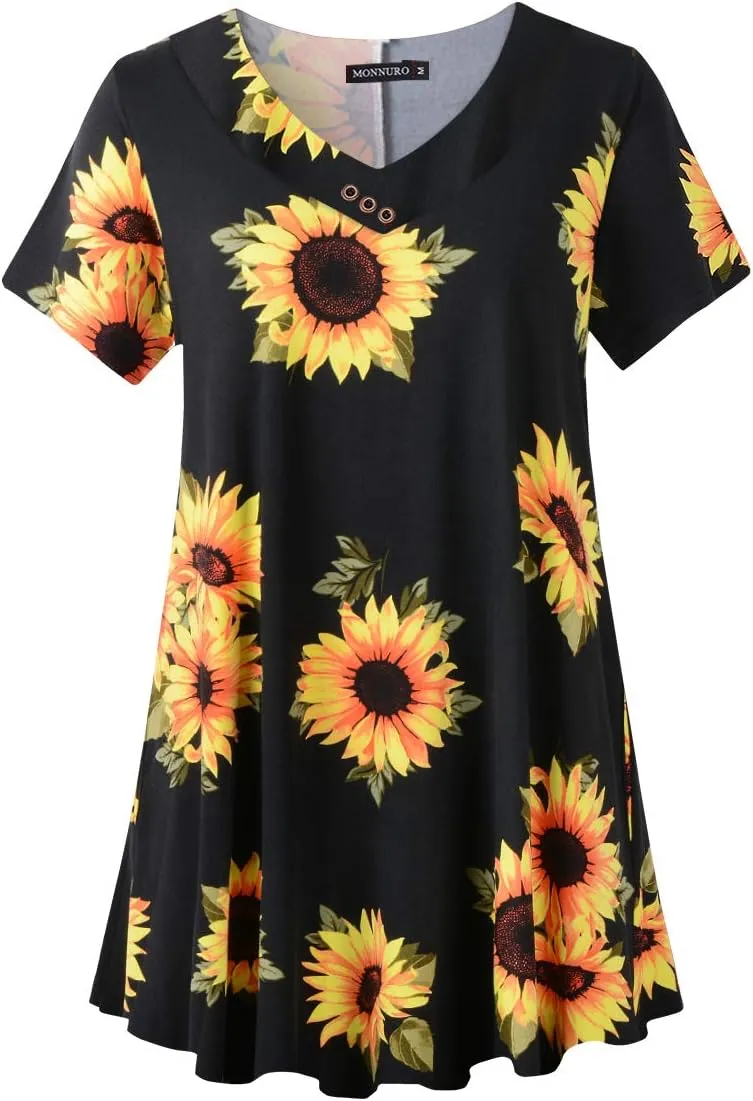 MONNURO Womens Plus Size Short Sleeve V Neck Button Basic Tunic Tops Summer Swing Shirts Blouses for Leggings