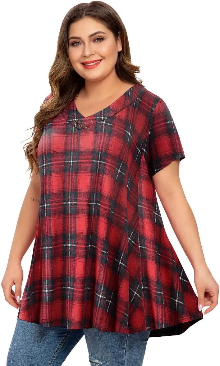 MONNURO Womens Plus Size Short Sleeve V Neck Button Basic Tunic Tops Summer Swing Shirts Blouses for Leggings