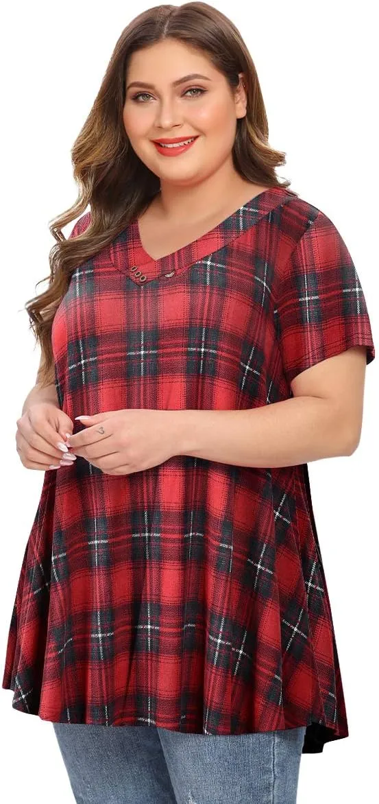 MONNURO Womens Plus Size Short Sleeve V Neck Button Basic Tunic Tops Summer Swing Shirts Blouses for Leggings