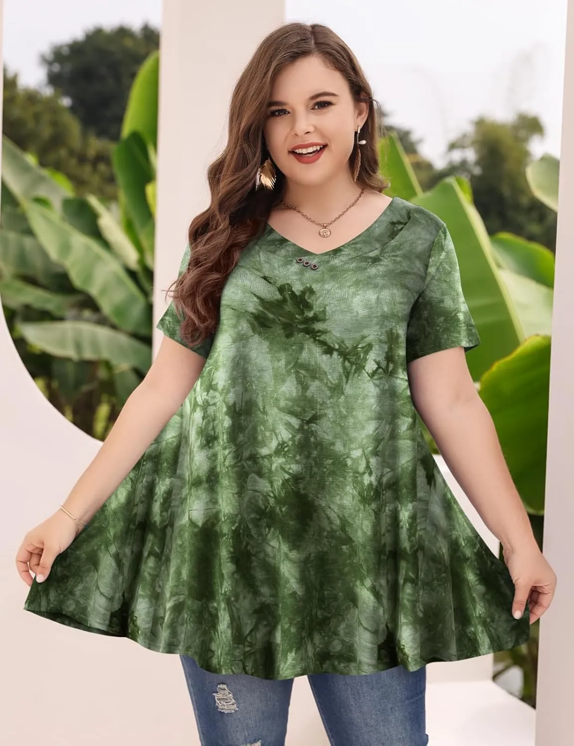 MONNURO Womens Plus Size Short Sleeve V Neck Button Basic Tunic Tops Summer Swing Shirts Blouses for Leggings