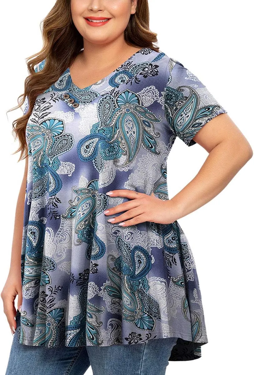 MONNURO Womens Plus Size Short Sleeve V Neck Button Basic Tunic Tops Summer Swing Shirts Blouses for Leggings