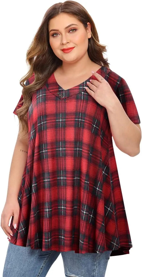 MONNURO Womens Plus Size Short Sleeve V Neck Button Basic Tunic Tops Summer Swing Shirts Blouses for Leggings