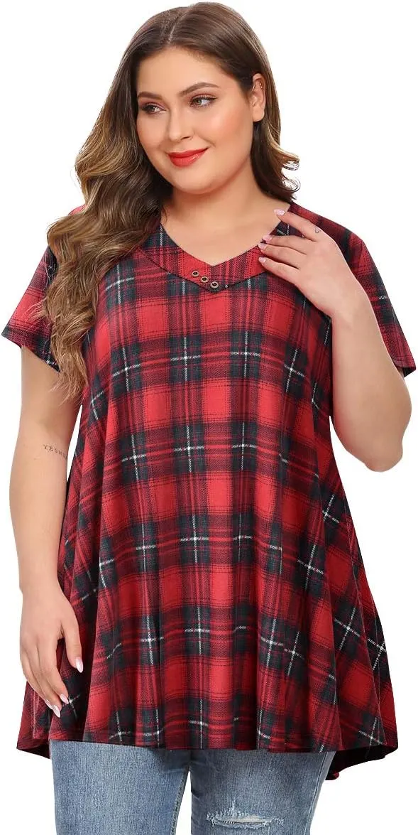 MONNURO Womens Plus Size Short Sleeve V Neck Button Basic Tunic Tops Summer Swing Shirts Blouses for Leggings
