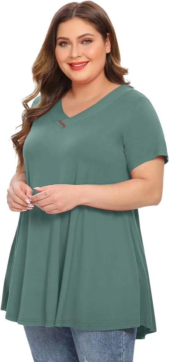 MONNURO Womens Plus Size Short Sleeve V Neck Button Basic Tunic Tops Summer Swing Shirts Blouses for Leggings