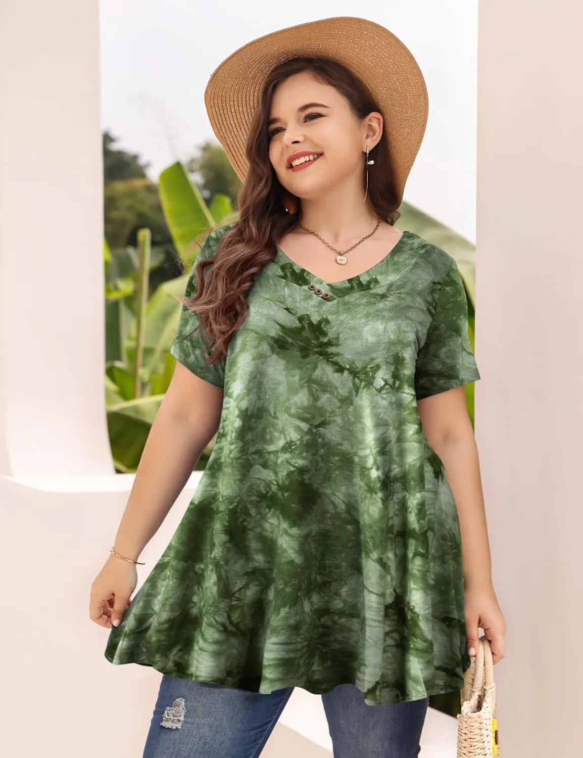 MONNURO Womens Plus Size Short Sleeve V Neck Button Basic Tunic Tops Summer Swing Shirts Blouses for Leggings